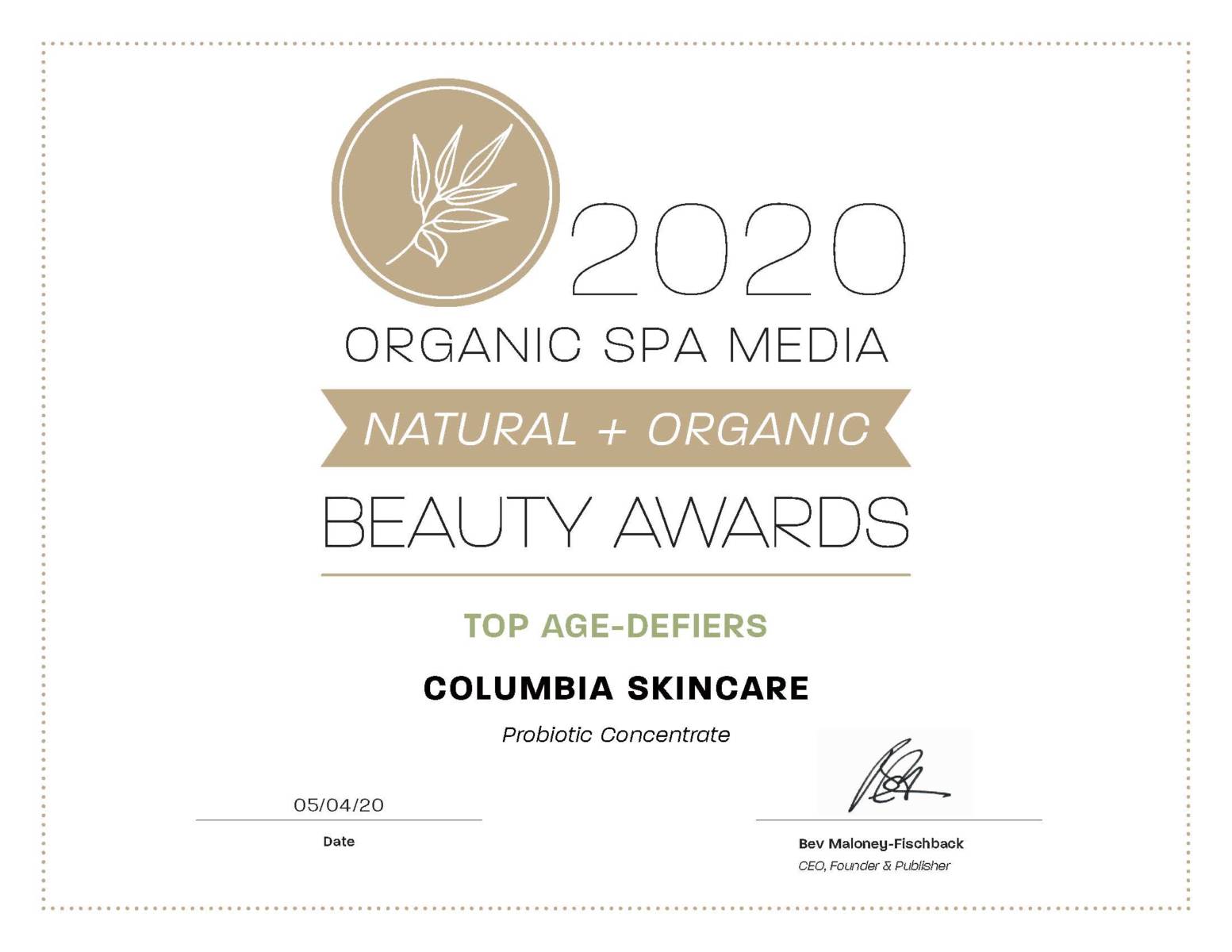 organic spa award top age defier